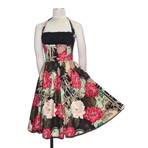 Bernie Dexter Frenchie Halter Dress Miss Bamboo Print Floral Retro Rockabilly S
